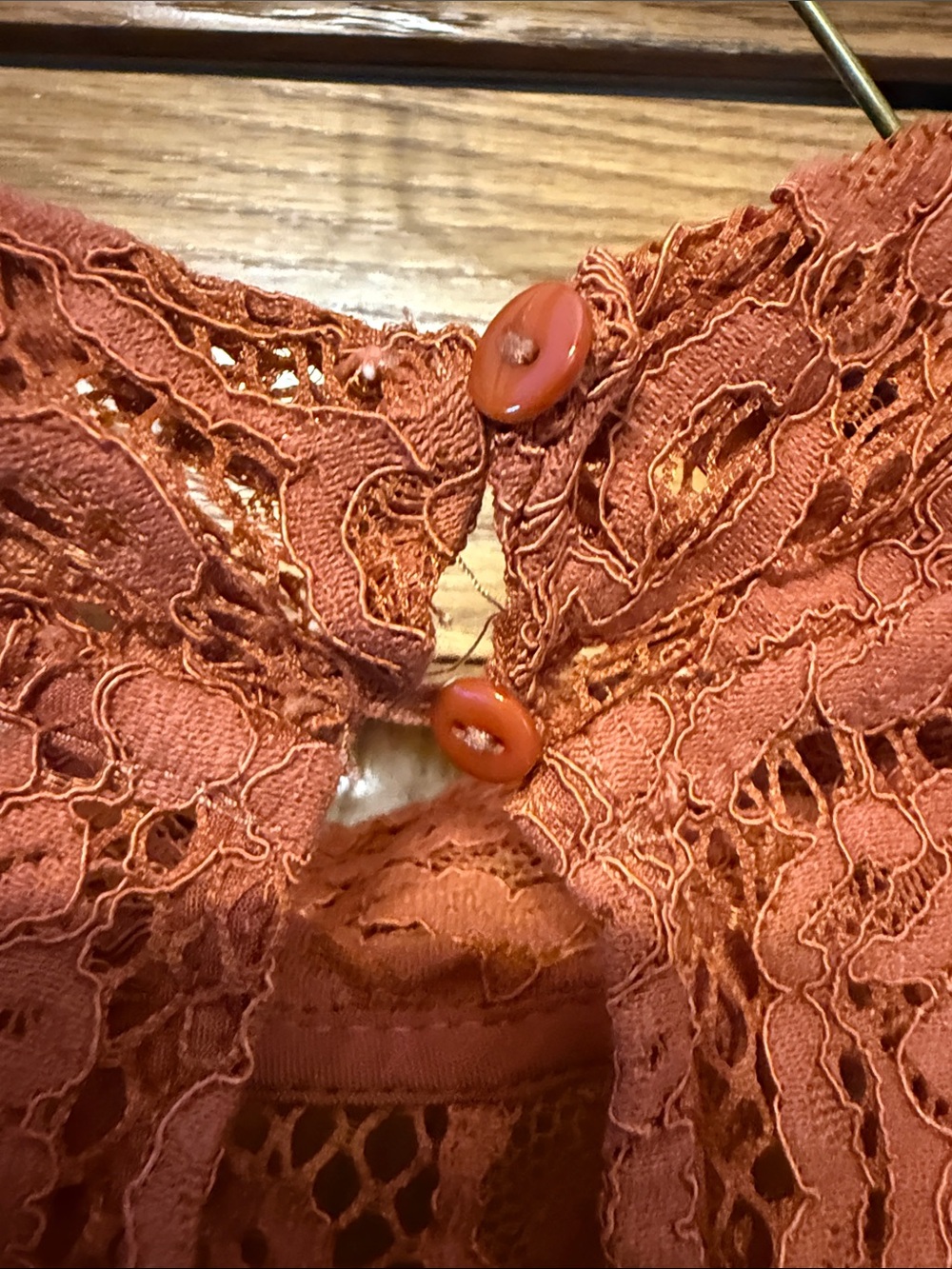 Lace Long-Sleeve Mock Neck Dress- Rust/Size: Medium - Picture 7 of 10